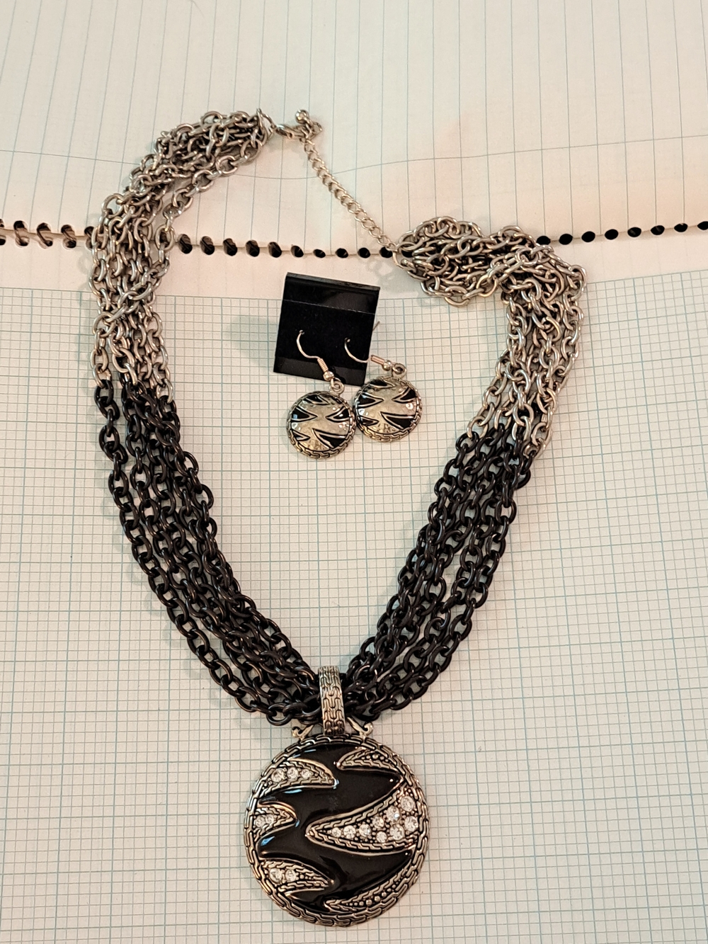Two-Tone Black and Silver Pendant Necklace with Matching Earrings